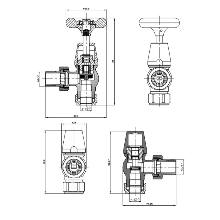 Brass & Black Traditional Angled Radiator Valves - Regent