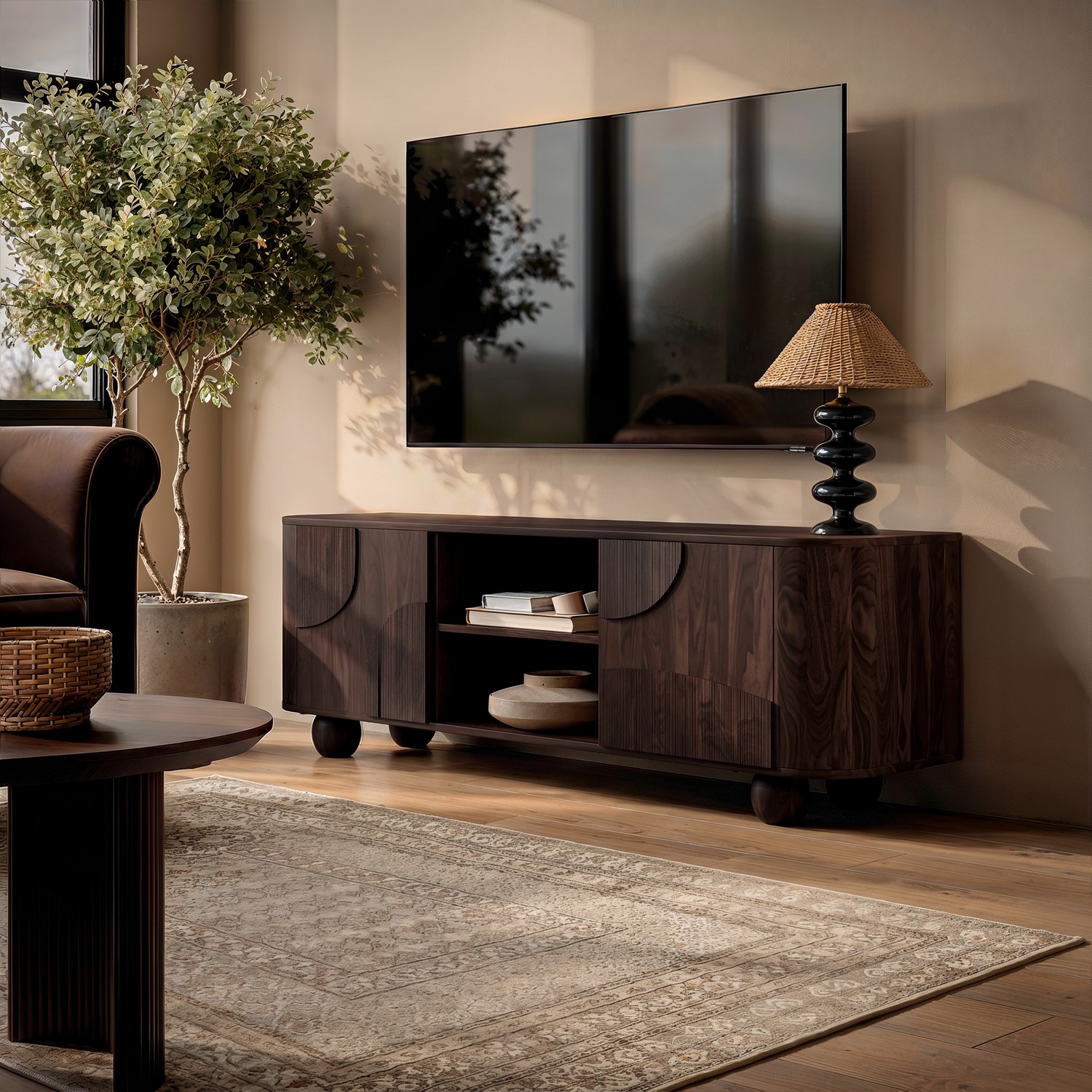 Large Walnut Effect TV Stand Storage TVs up to 70