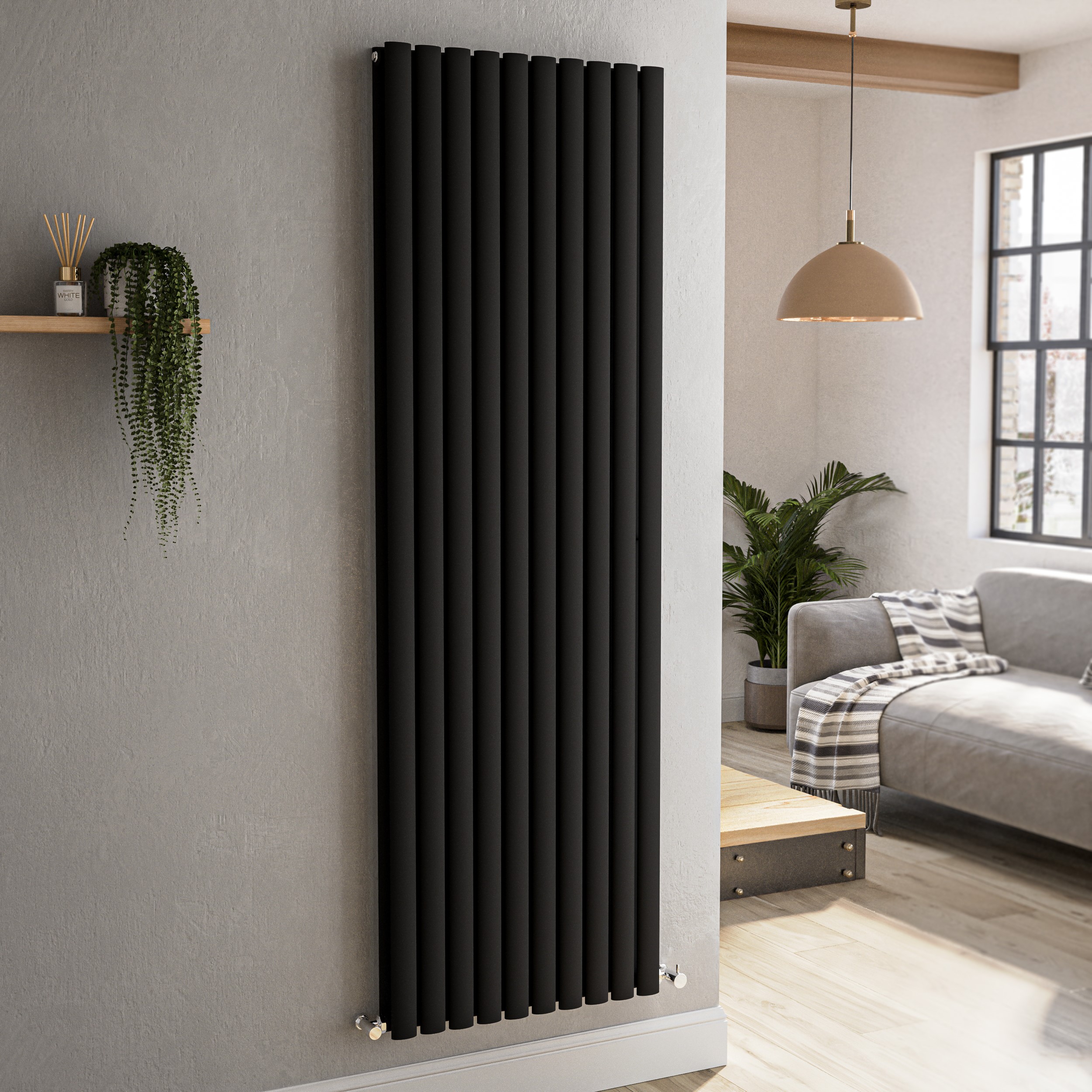 Sorrento Black Midnight Vertical Oval Designer Radiator 1800X590mm Double Panel 6229 Btu Size 59