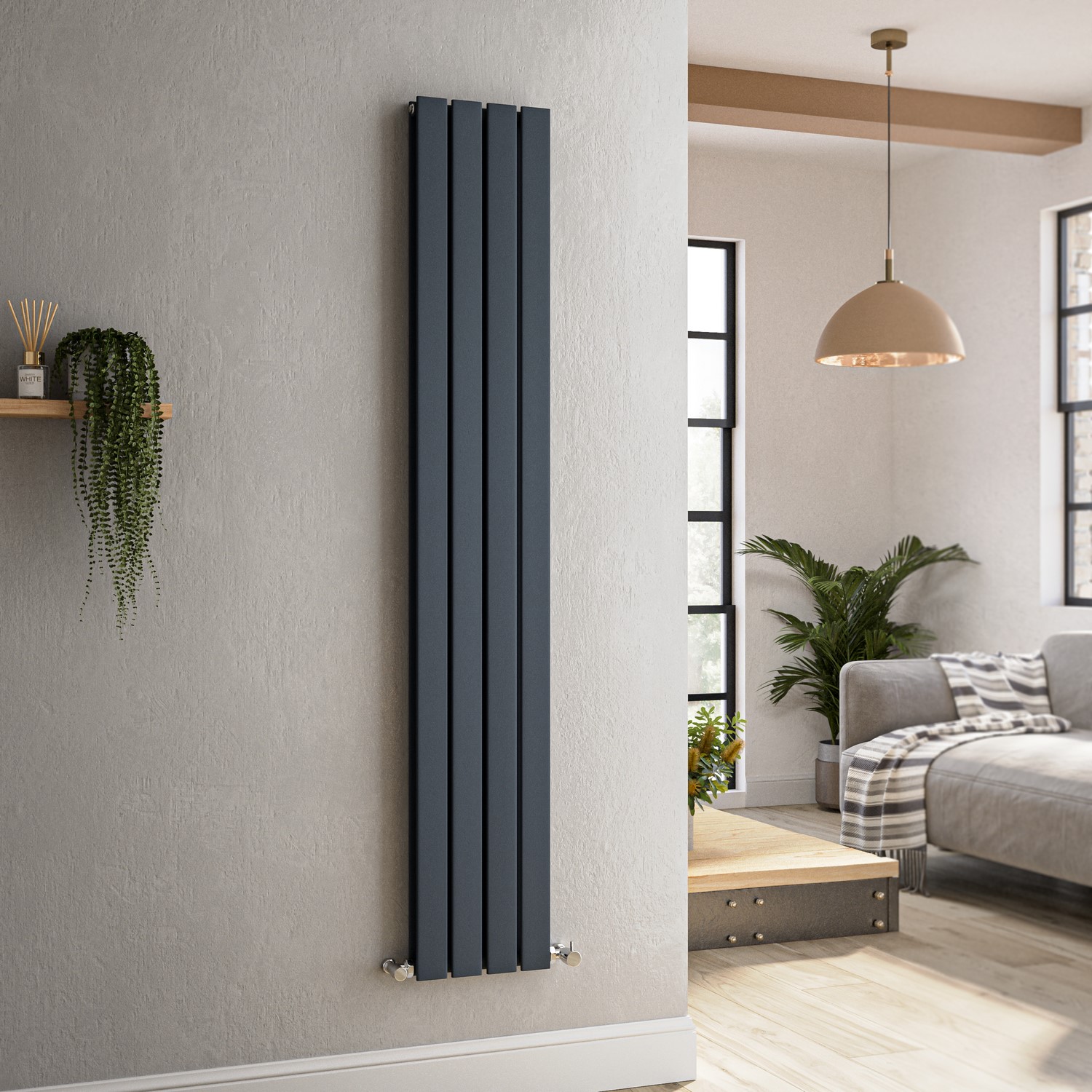 Riace  Vertical Flat Designer Radiator 1600X272mm Double Panel 2458 Btu VD4-1600-DGCF