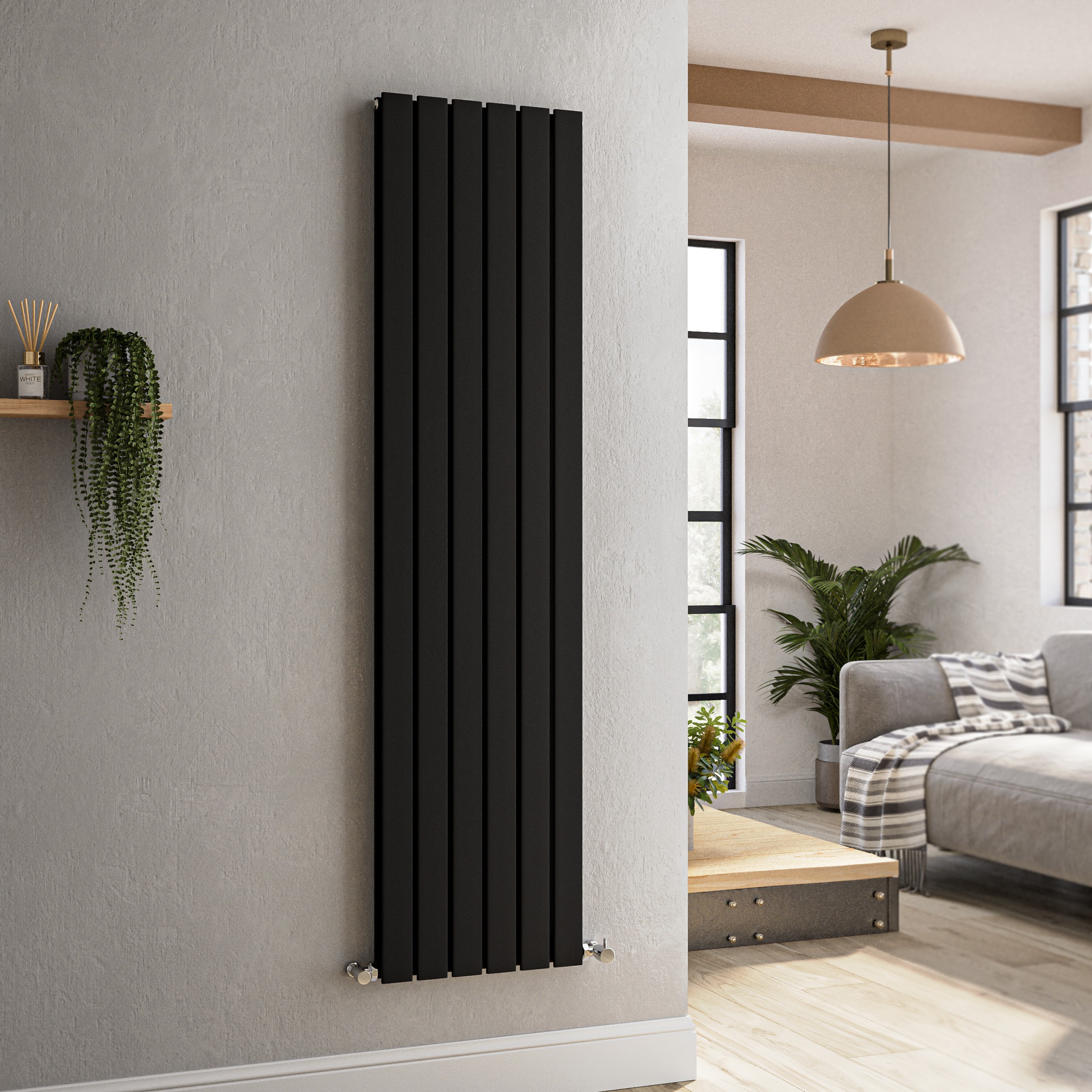 Riace Midnight  Vertical Flat Designer Radiator 1600X408mm Double Panel 3687 Btu VD6-1600-BCF