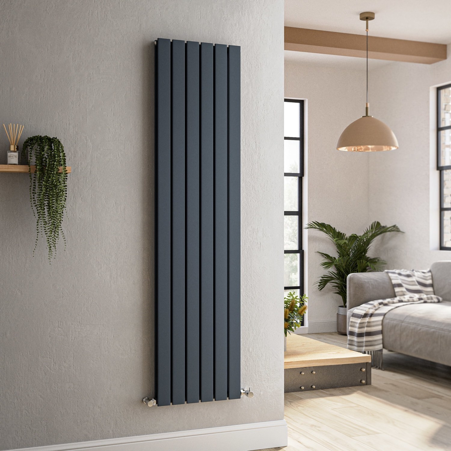 Riace  Vertical Flat Designer Radiator 1600X408mm Double Panel 3687 Btu VD6-1600-DGCF