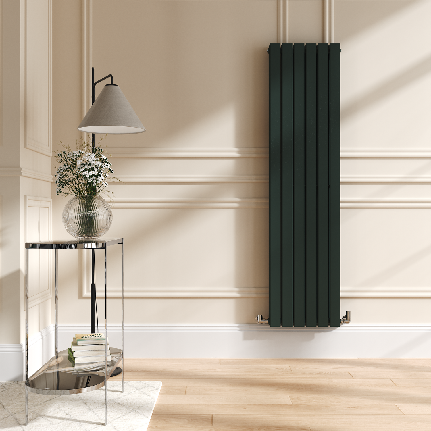 Riace Evergreen Vertical Flat Designer Radiator 1600X408mm Double Panel 3687 Btu VD6-1600-EGCF