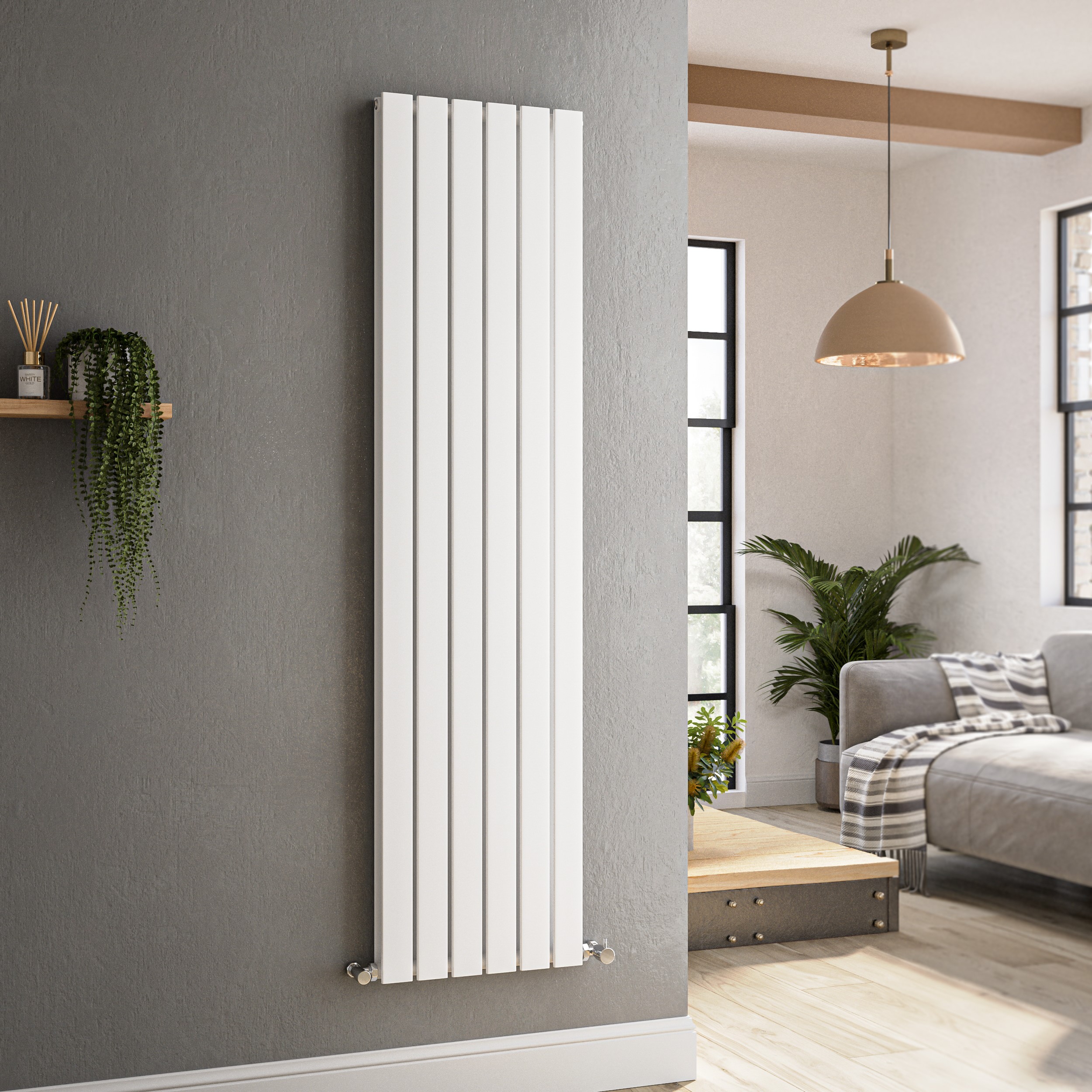 Riace  Vertical Flat Designer Radiator 1600X408mm Double Panel 3687 Btu VD6-1600-WCF
