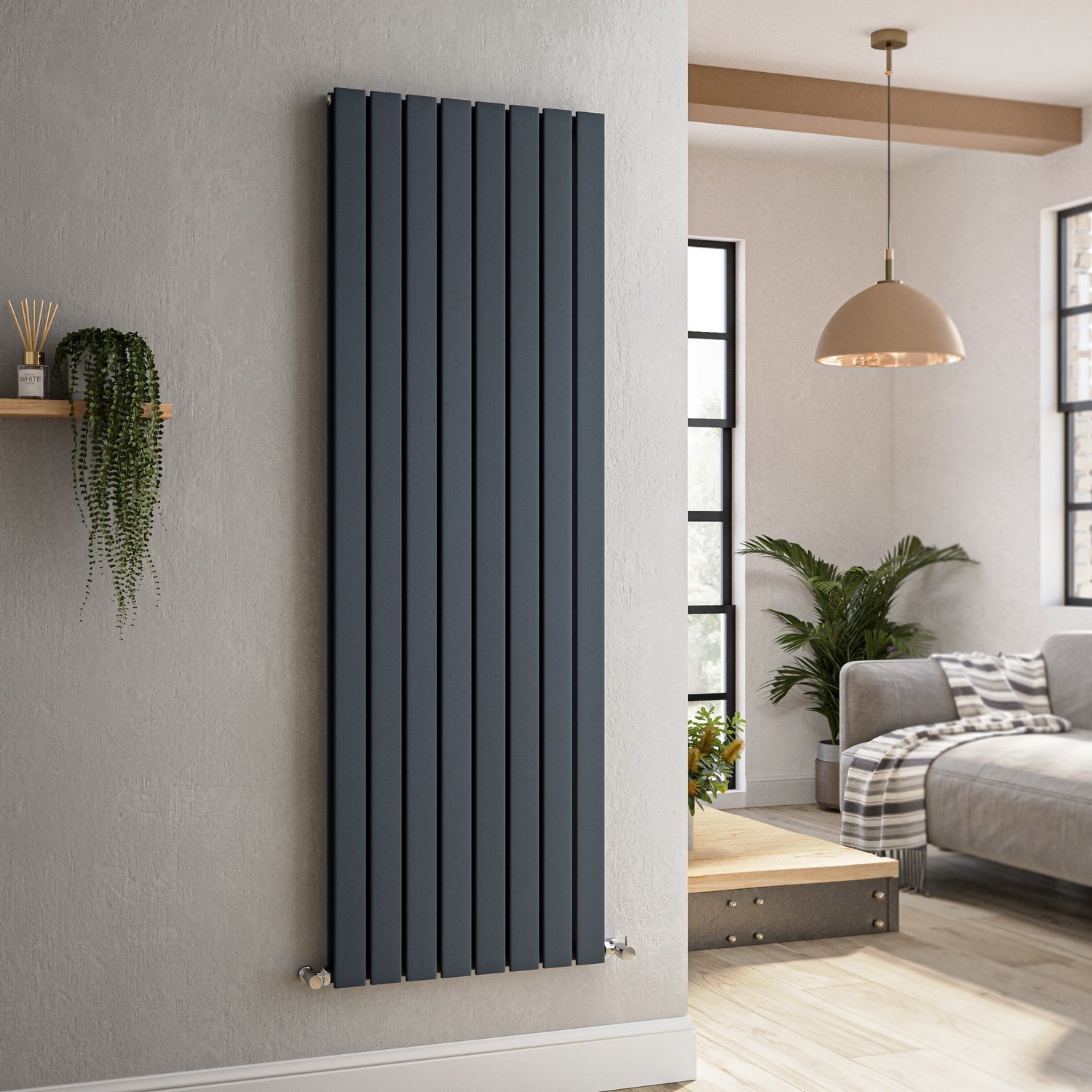 Riace Anthracite Vertical Flat Designer Radiator 1600X544mm Double Panel 4916 Btu VD8-1600-DGCF