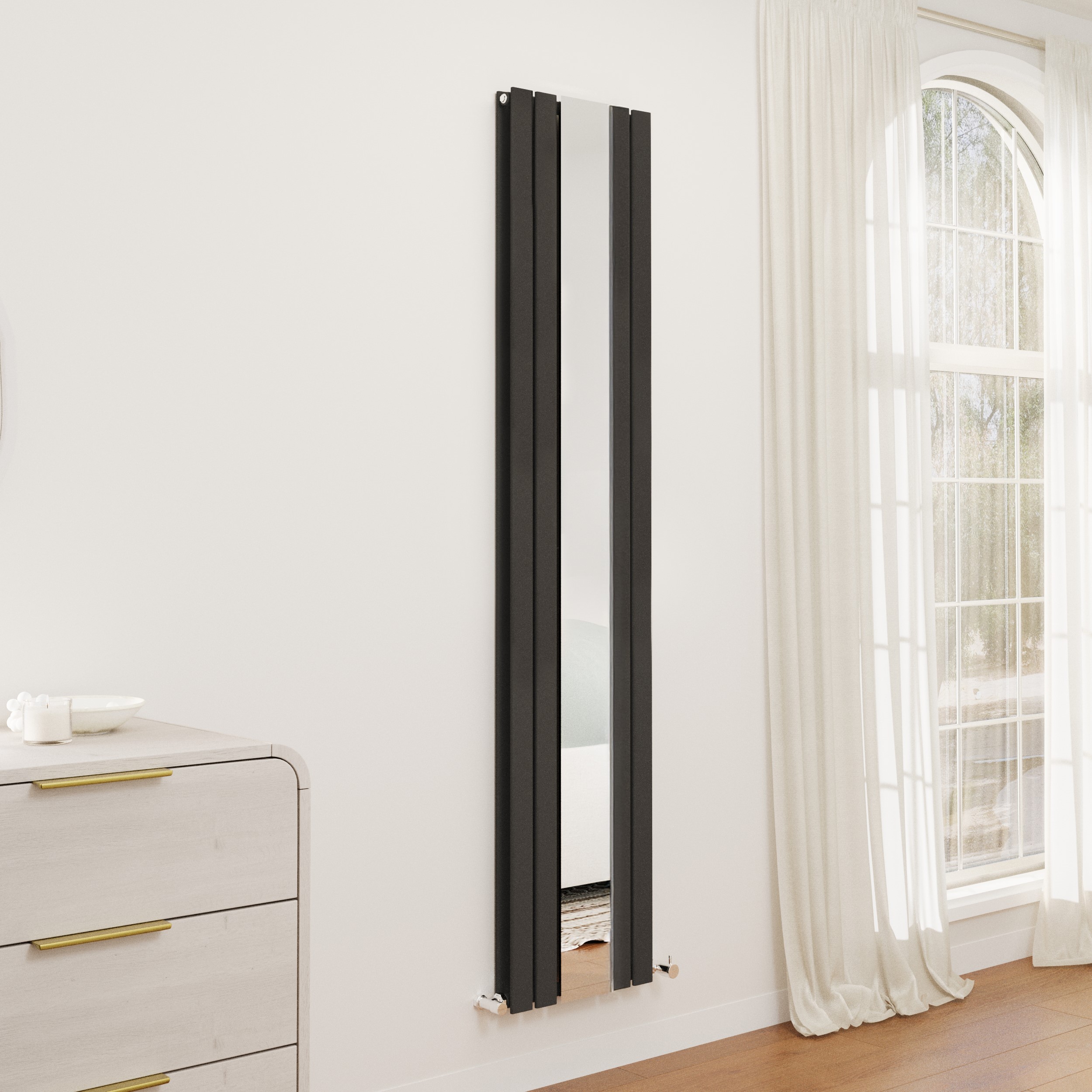 Midnight Vertical Flat Designer Radiator Mirror 1800x385mm Double Panel 3541 BTU