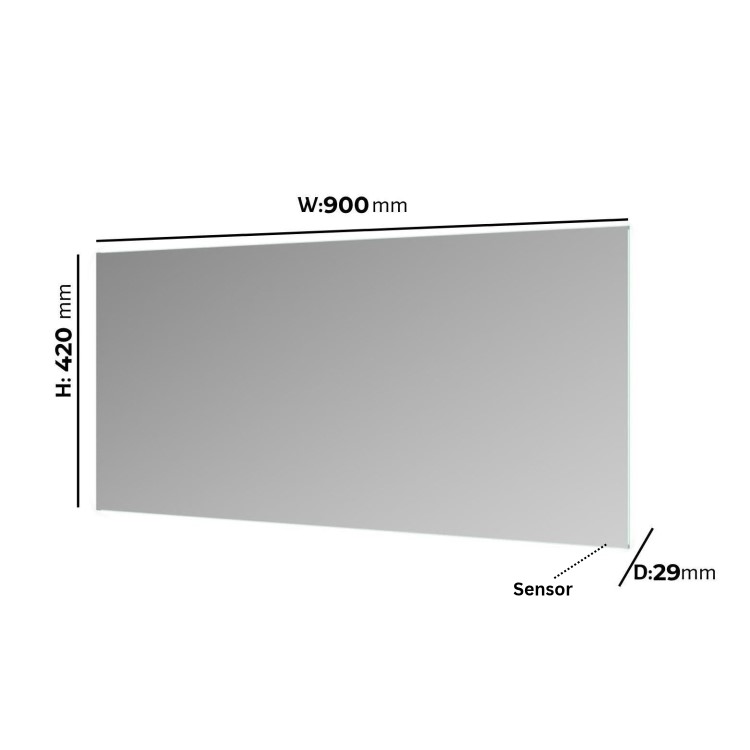 Rectangular Backlit Heated Bathroom Mirror with Lights – 900 x 420mm - Vela