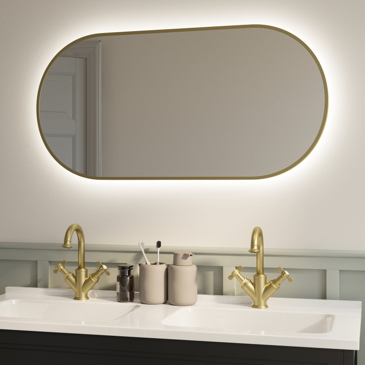 Oval Brass Backlit Heated Bathroom Mirror with Lights 500 x 1000mm - Venus
