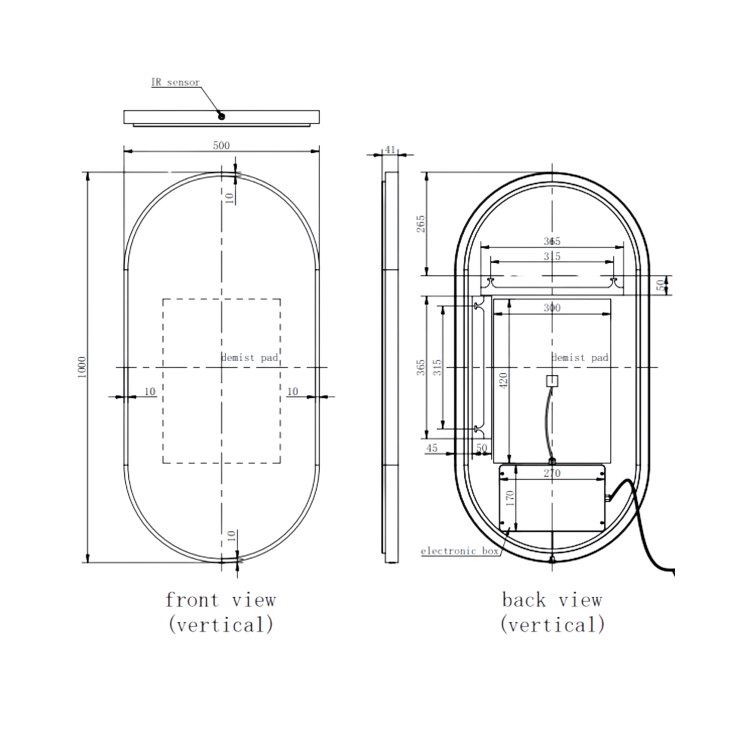 Oval Brass Backlit Heated Bathroom Mirror with Lights 500 x 1000mm - Venus