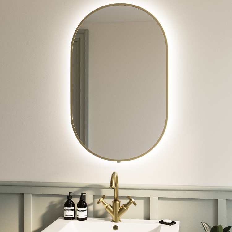 Oval Brass Backlit Bathroom Mirror with Battery Operated Lights 500 x 800mm - Venus