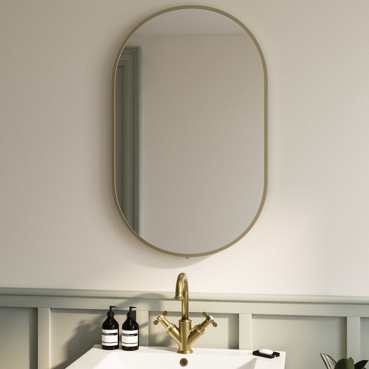 Oval Brass Backlit Bathroom Mirror with Battery Operated Lights 500 x 800mm - Venus