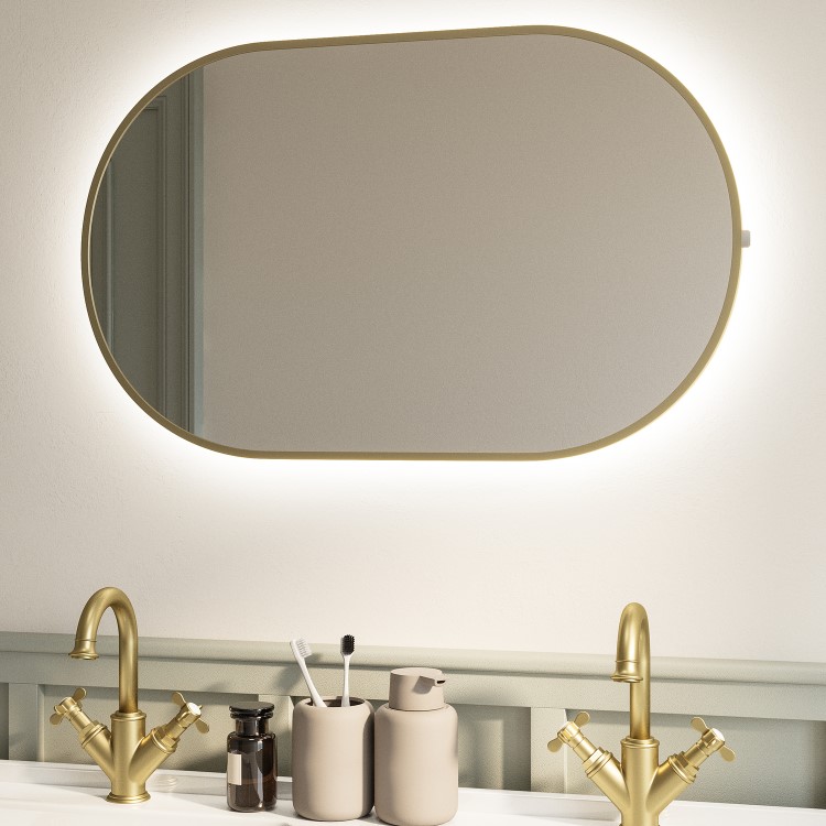 Oval Brass Backlit Bathroom Mirror with Battery Operated Lights 500 x 800mm - Venus