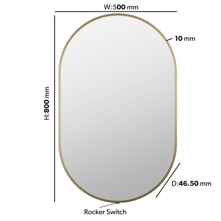 Oval Brass Backlit Bathroom Mirror with Battery Operated Lights 500 x 800mm - Venus