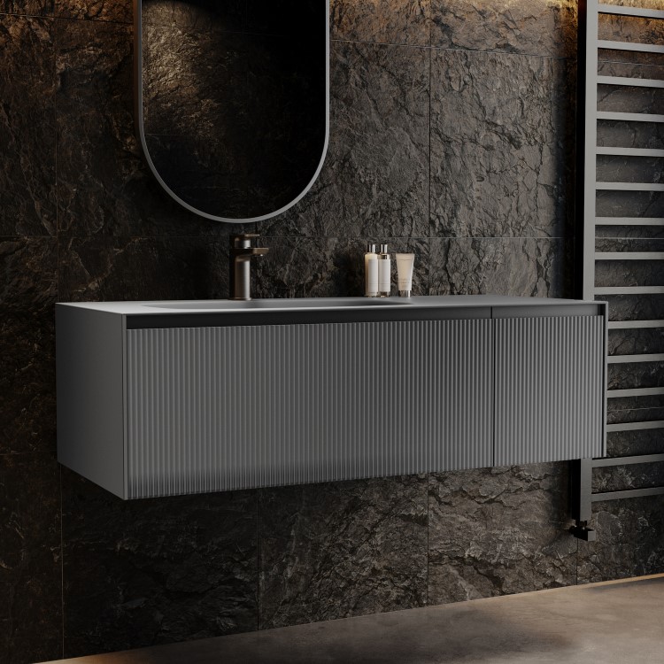 1200mm Grey Fluted Wall Hung Vanity Unit with Aluminium Basin - Venice