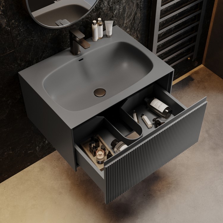 700mm Grey Fluted Wall Hung Vanity Unit with Aluminium Basin - Venice
