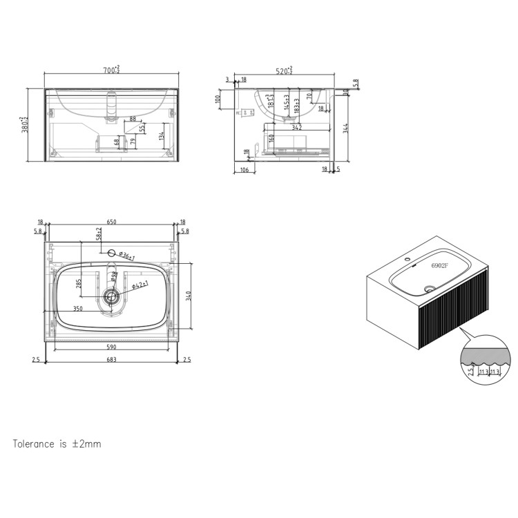 700mm Grey Fluted Wall Hung Vanity Unit with Aluminium Basin - Venice