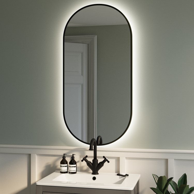 Oval Black Backlit Heated Bathroom Mirror with Lights 500 x 1000mm - Venus
