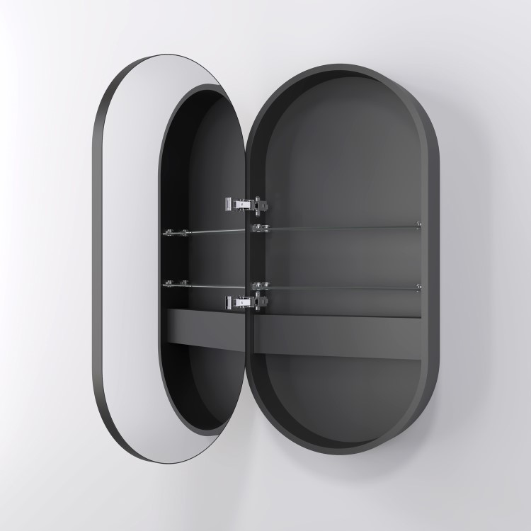 Single Door Oval Black Heated Bathroom Mirror Cabinet with Lights & Socket 900 x 450mm- Venus
