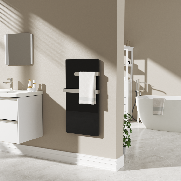 Low Energy 600w Infrared Designer Glass Wall Mounted Heater with Towel Rail and Smart WiFi Alexa - IP24 Bathroom Safe