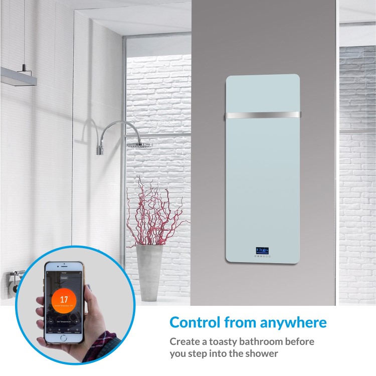 Low Energy 850w Infrared Designer Glass Wall Mounted Heater with Towel Rail and Smart WiFi Alexa - IP24 Bathroom Safe