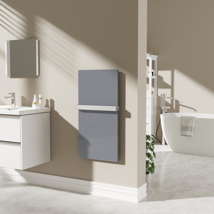 Low Energy 600w Infrared Designer Glass Wall Mounted Heater with Towel Rail and Smart WiFi Alexa - IP24 Bathroom Safe