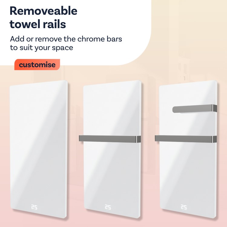 Refurbished 600W Smart Infrared Vertical Anthracite Glass Designer Wall Heater 550x1100mm with Optional Towel Rail - IP24 Bathroom Safe