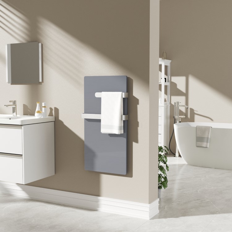 Low Energy 600w Infrared Designer Glass Wall Mounted Heater with Towel Rail and Smart WiFi Alexa - IP24 Bathroom Safe