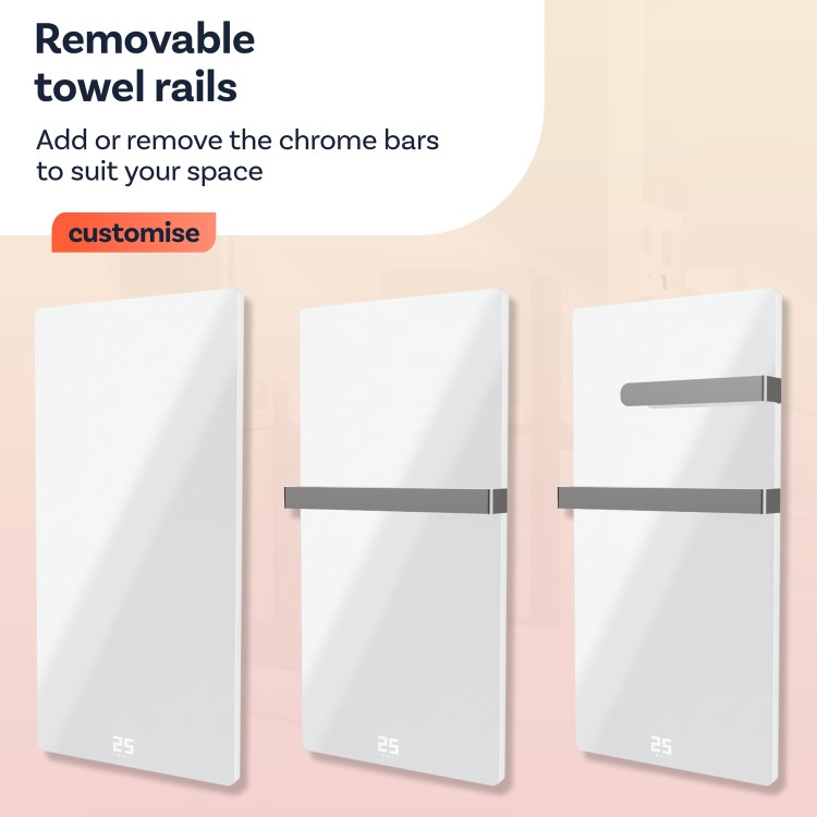 600W Smart Infrared Vertical White Glass Designer Wall Heater 550x1100mm with Optional Towel Rail - IP24 Bathroom Safe