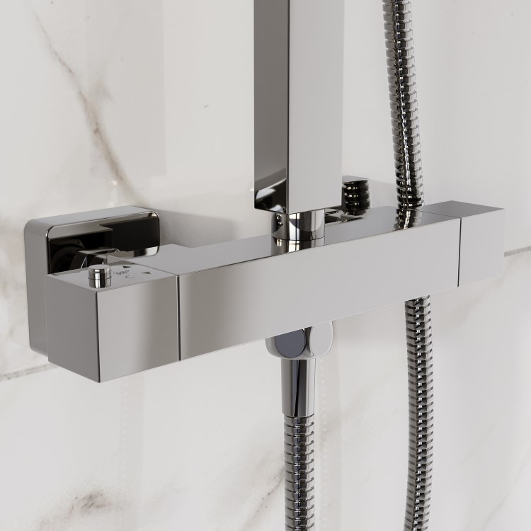 Chrome Square Thermostatic Bar Mixer Shower Set with Slide Rail Kit & Hand Shower - Vira