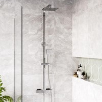 GRADE A2 - Chrome Square Thermostatic Bar Mixer Shower Set with Slide Rail Kit & Hand Shower - Vira