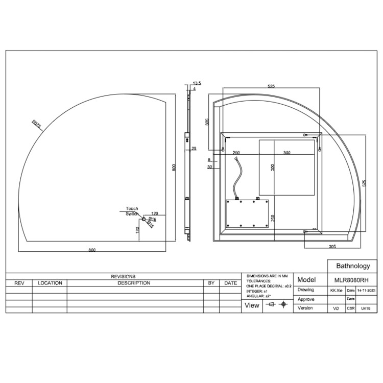 Half Circle Corner Backlit Heated Bathroom Mirror with Lights 800mm – Virgo