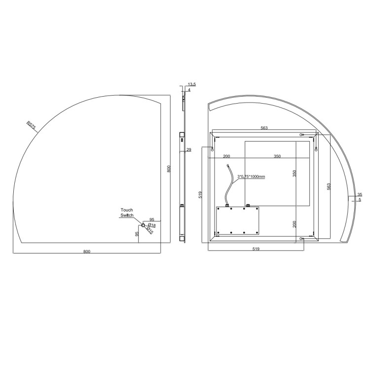 Half Circle Corner Backlit Heated Bathroom Mirror with Lights 800mm – Virgo