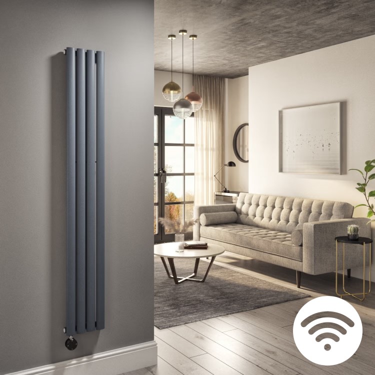 Anthracite Vertical Smart Electric Radiator with Wi-Fi Thermostat - 1kW - H1600xW236mm - Bathroom Safe