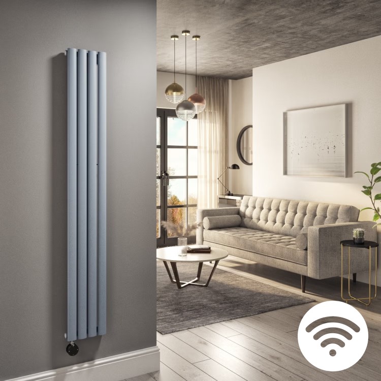 Light Grey Vertical Smart Electric Radiator with Wi-Fi Thermostat - 1kW - H1600xW236mm - Bathroom Safe