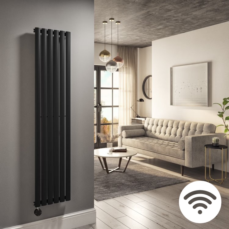 Midnight Black Vertical Smart Electric Radiator with Wi-Fi Thermostat - 1kW - H1600xW354mm - Bathroom Safe