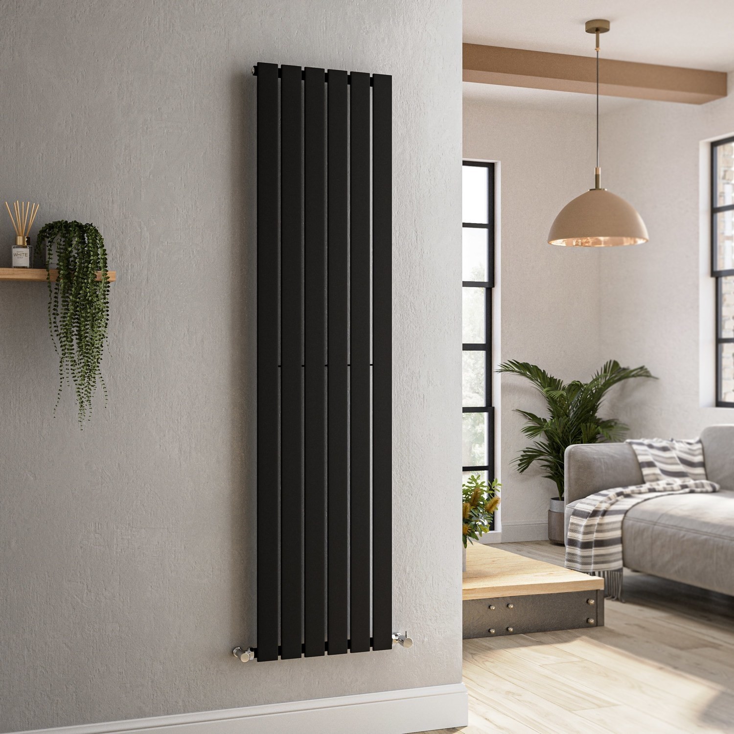 Riace Midnight  Vertical Flat Designer Radiator 1600X408mm Single Panel 2442 Btu VS6-1600-BCF