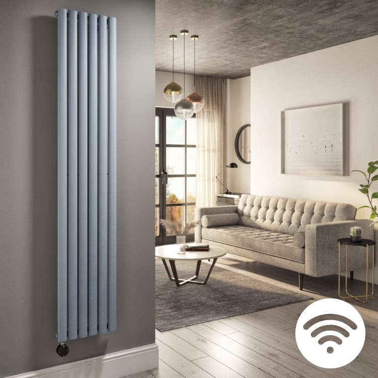 Light Grey Vertical Smart Electric Radiator with Wi-Fi Thermostat - 2kW - H1800xW354mm - Bathroom Safe