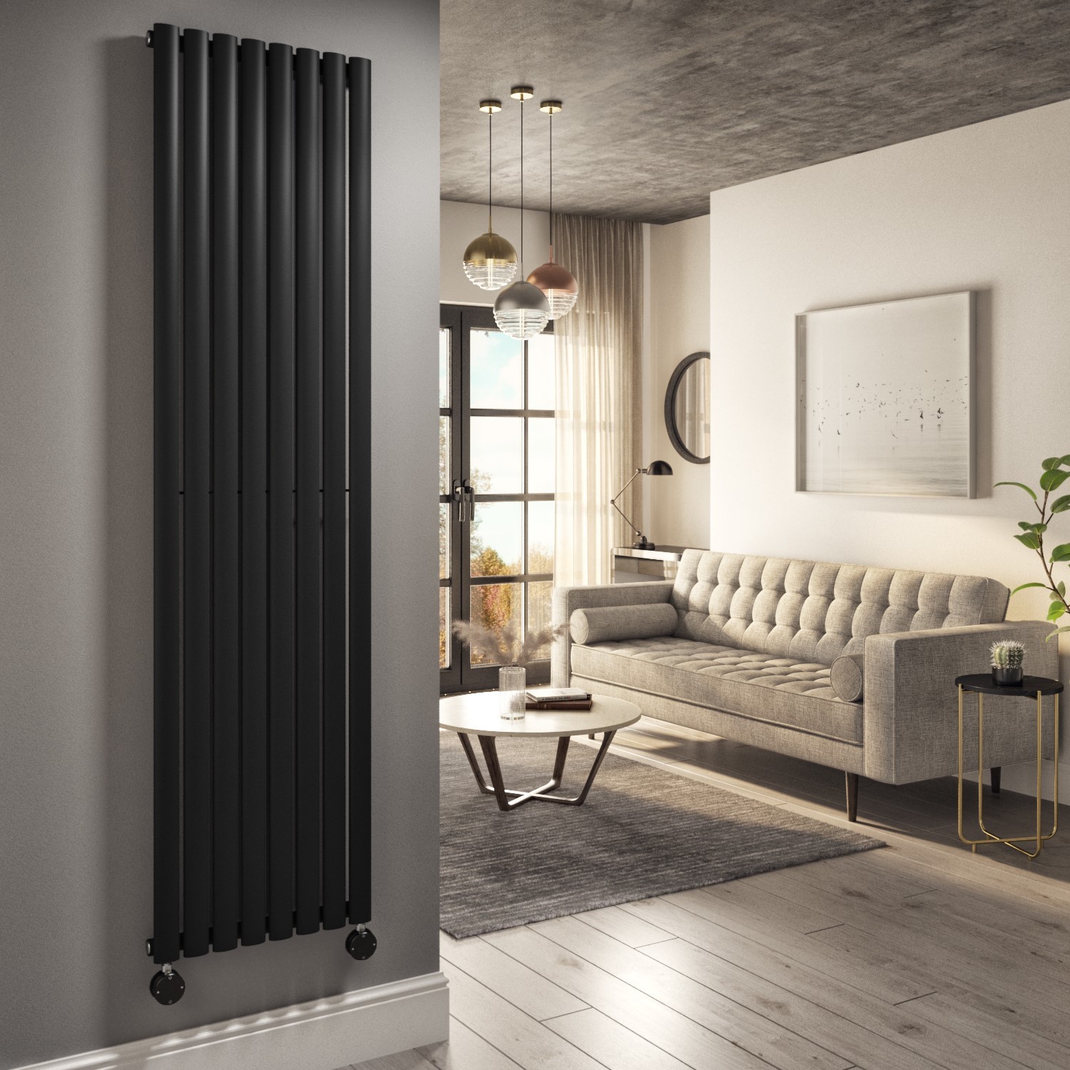 Electriq Midnight  Vertical Smart Electric Radiator With Wi-Fi Thermostat 2400W H1800xw472mm Bathroom Safe VS8-1800-2.4BW
