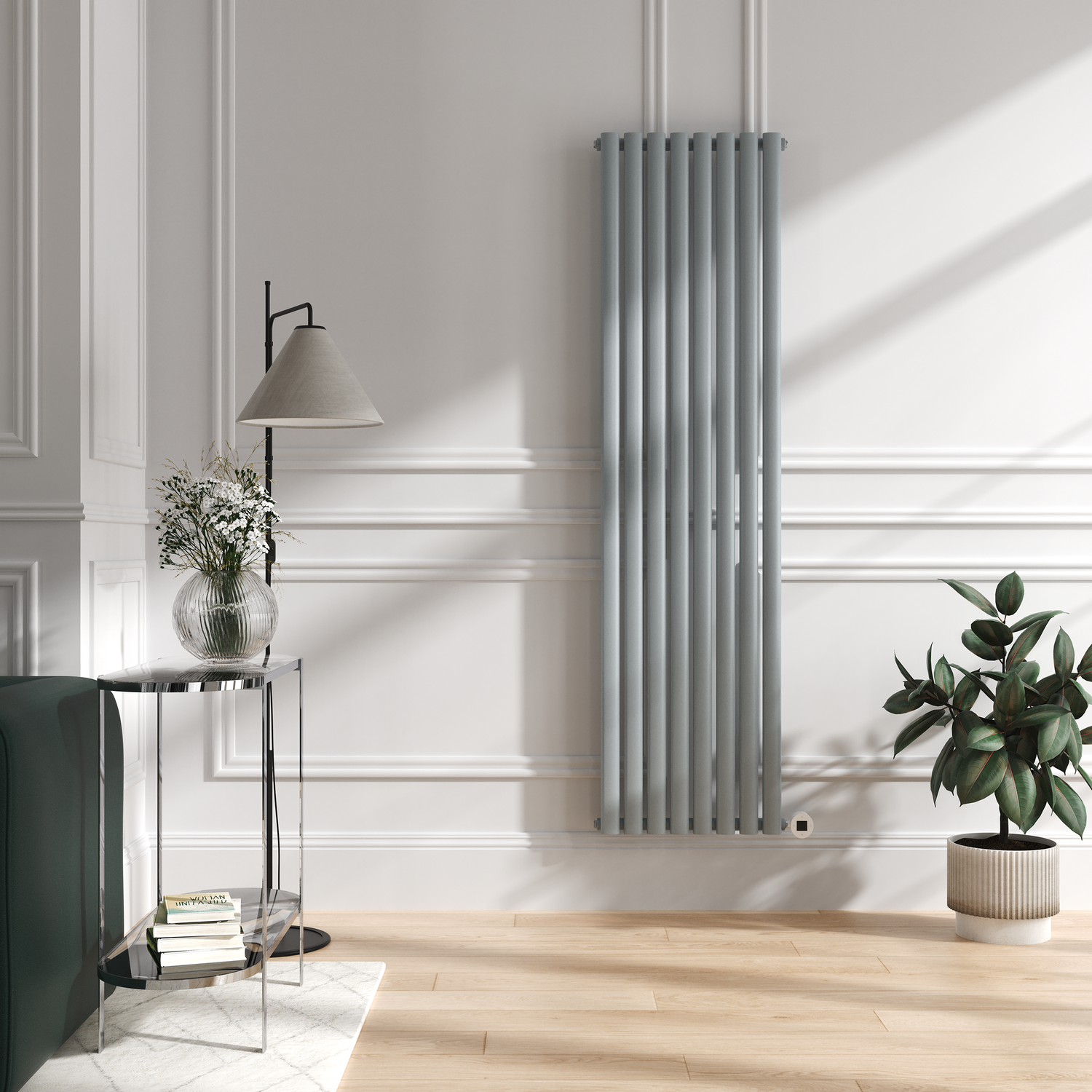 Salt & Pepper Vertical Smart Electric Radiator Wi Fi Thermostat 2x1.2KW H1800xW472 Bathroom Safe