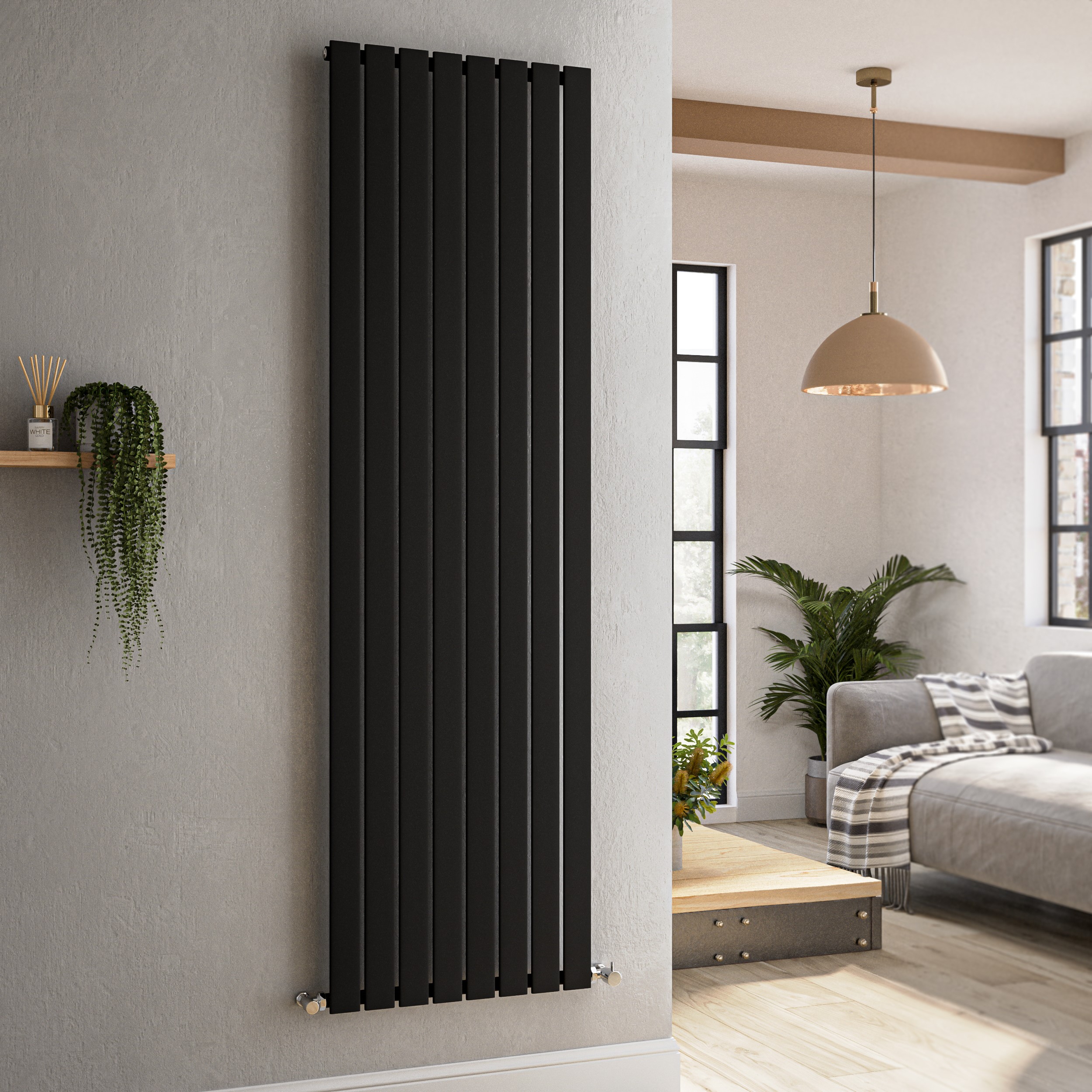 Riace Midnight  Vertical Flat Designer Radiator 1800X544mm Single Panel 3607 Btu VS8-1800-BCF