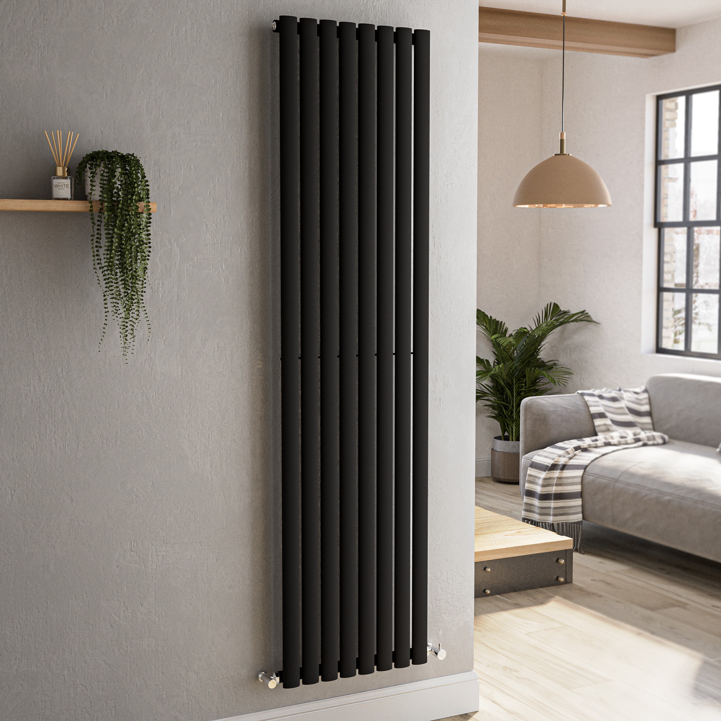 Sorrento Midnight  Vertical Oval Designer Radiator 1800X472mm Single Panel 3373 Btu VS8-1800-BCO