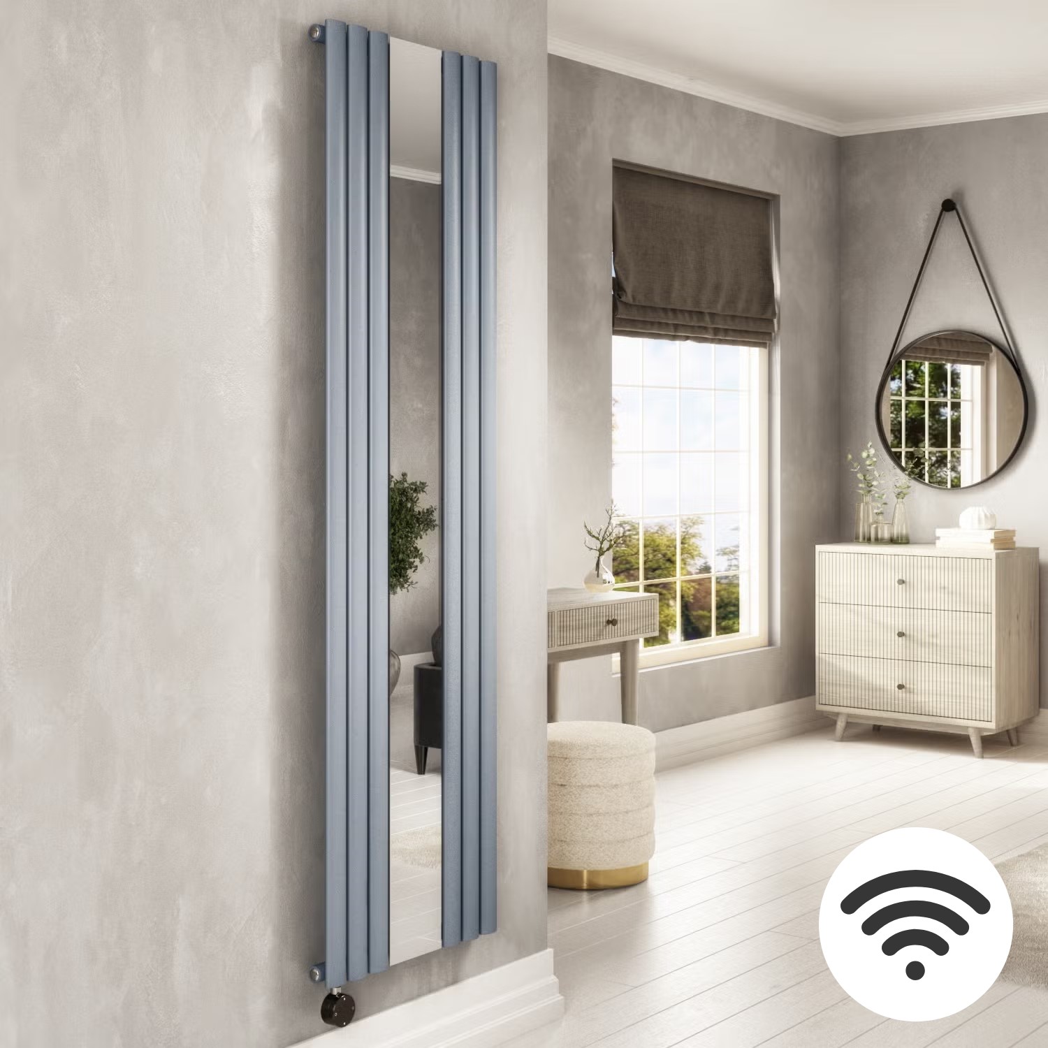 Light Grey Electric Vertical Designer Radiator 1.2kW with Mirror and Wifi Thermostat - H1800xW500mm - IPX4 Bathroom Safe