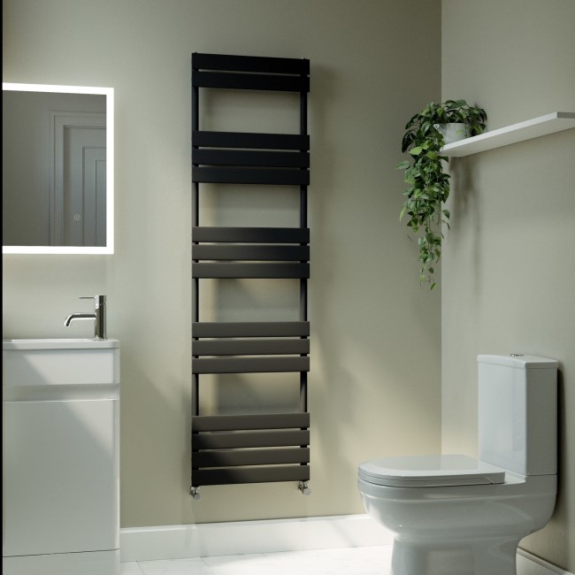 Riace Midnight Black Vertical Flat Towel Radiator 1600x450mm Single Panel 2171 BTU VSTR15-1600-450BCF | Appliances Direct