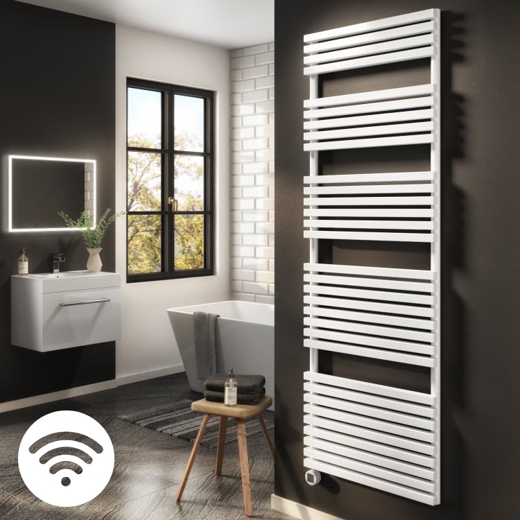 Refurbished White Electric Towel Radiator 1.2kW with Wifi Thermostat - H1800xW600mm - IPX4 Bathroom Safe