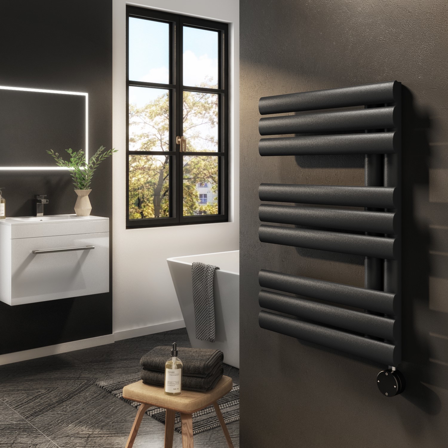 Electriq Midnight  Smart Electric Towel Radiator With Wi-Fi Thermostat 600W H650xw450mm Bathroom Safe VSTR9-650-0.6BW