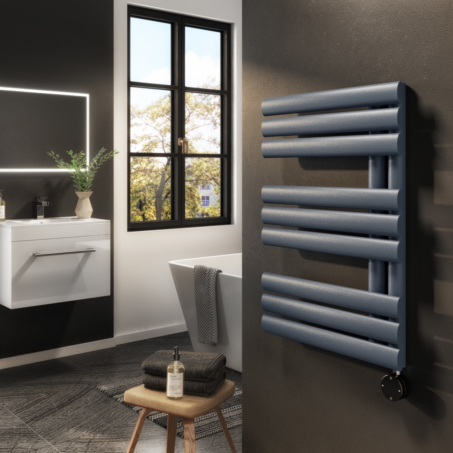 Electriq Anthracite Smart Electric Towel Radiator With Wi-Fi Thermostat 600W H650xw450mm Bathroom Safe VSTR9-650-0.6DGW