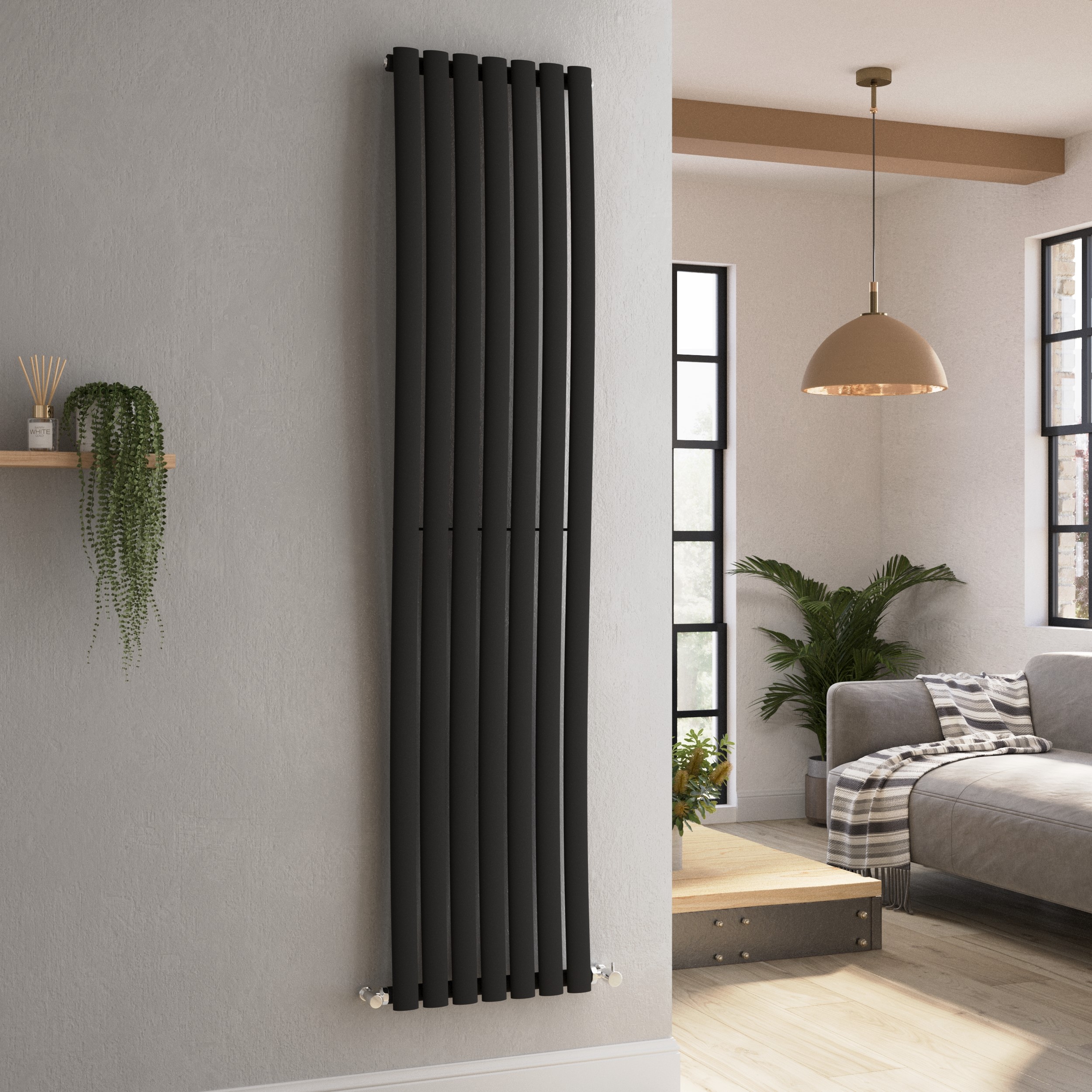Onda Midnight  Vertical Oval Waved Designer Radiator 1800X413mm Single Panel 2926 Btu VSW7-1800-BCO
