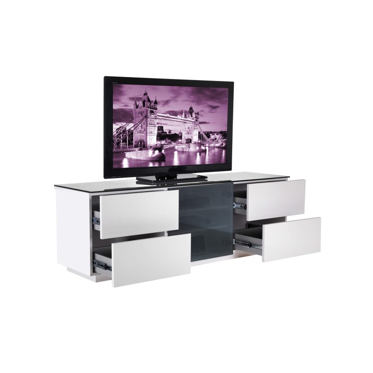 London gloss White and Black glass Factory Assembled Packed TV Cabinet 1500x500x420mm 4 Drawers Plus