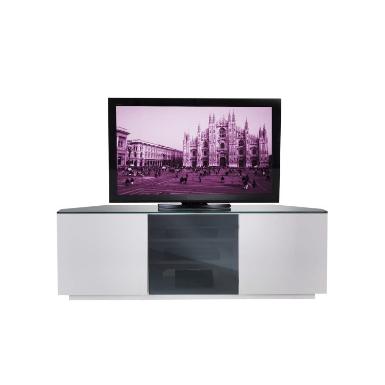 Milan gloss White and Black glass Corner Flat packed TV Cabinet 1500x500x400mm Two Side Cupboards wi