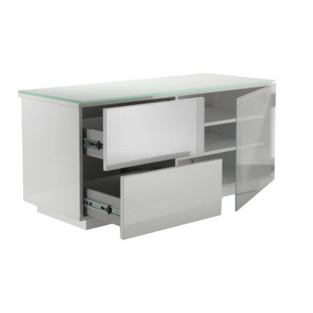 Paris white and white glass Flat packed TV Cabinet 110x50x45mm 2 drawers Side Cupboards with hidden 